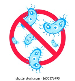 Stop viruses and bad bacterias or germs prohobition sign. Big viruses or gems in the red stop defence circle flat style design vector illustration isolated on white background.