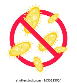 Stop viruses and bad bacterias or germs prohobition sign. Big viruses or gems in the red stop defence circle flat style design vector illustration isolated on white background.