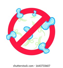 Stop viruses and bad bacterias or germs prohobition sign. Big viruses or gems in the red stop defence circle flat style design vector illustration isolated on white background.