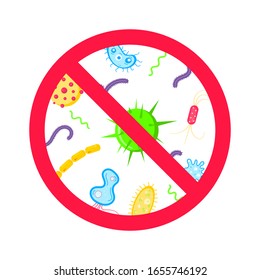 Detenga los virus y las bacterias malas o los gérmenes signo de la prohibición. Grandes virus o gemas en el círculo de defensa rojo círculo de diseño de forma plana ilustración vectorial aislado en fondo blanco.