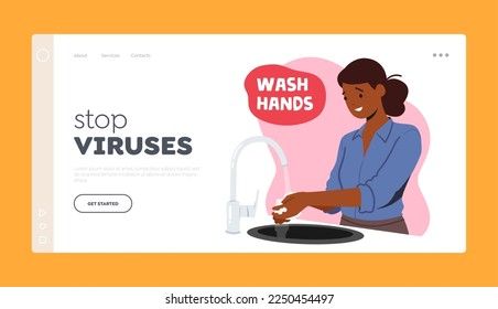 Stop Viruses Landing Page Template. Health Care and Immunity Boost Concept with Happy Woman Washing Hands, Hygiene Procedure, Black Female Character Wash Palms with Soap. Cartoon Vector Illustration