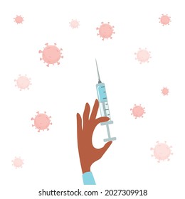 Stop viruses. Vaccination time concept. Hand with a syringe and COVID-19 pandemic. Syringe with vaccine. A medical healthcare professional. Illustration for medical theme, design, banner, vaccination