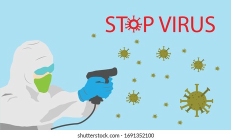 Stop Virus,Vector White knight, Man in full protective clothing, Man fighting against Covid-19,