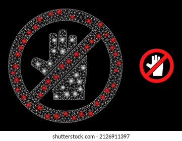 Stop voting hand icon and constellation mesh net stop voting hand model with illuminated light spots. Illuminated constellation is done from stop voting hand vector icon and triangulated mesh.