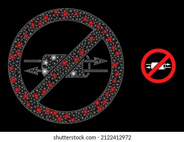 Parar el icono de VPN y la malla de red brillante detener el modelo de VPN con puntos brillantes. El modelo iluminado se realiza utilizando el icono del vector VPN de parada y la malla poligonal. El marco brillante detiene la VPN, en un fondo negro.