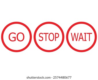  Stop, wait and go, bring symbol set in red, yellow and green color. Collection traffic signs icon. Sign, stop, go and wait isolated set. Road sign icon. Vector illustration.