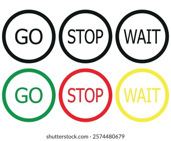  Stop, wait and go, bring symbol set in red, yellow and green color. Collection traffic signs icon. Sign, stop, go and wait isolated set. Road sign icon. Vector illustration.