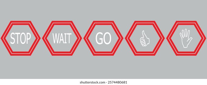  Stop, wait and go, bring symbol set in red, yellow and green color. Collection traffic signs icon. Sign, stop, go and wait isolated set. Road sign icon. Vector illustration.