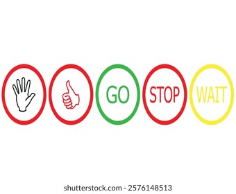  Stop, wait and go, bring symbol set in red, yellow and green color. Collection traffic signs icon. Sign, stop, go and wait isolated set. Road sign icon. Vector illustration.