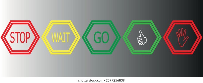  Stop, wait and go, bring symbol set in red, yellow and green color. Collection traffic signs icon. Sign, stop, go and wait isolated set. Road sign icon. Vector illustration.