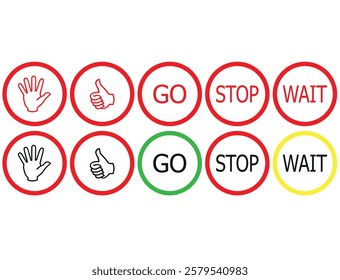  Stop, wait and go, bring symbol set in red, yellow and green color. Collection traffic signs icon. Sign, stop, go and wait isolated set. Road sign icon. Vector illustration.