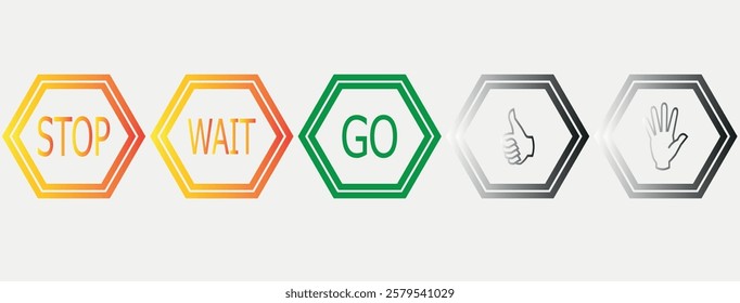  Stop, wait and go, bring symbol set in red, yellow and green color. Collection traffic signs icon. Sign, stop, go and wait isolated set. Road sign icon. Vector illustration.