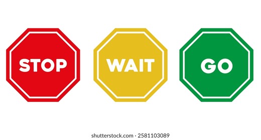 Stop, wait, go, red, yellow, green sign set. traffic symbols or alert signs. Isolated traffic icons web vector illustraiton.