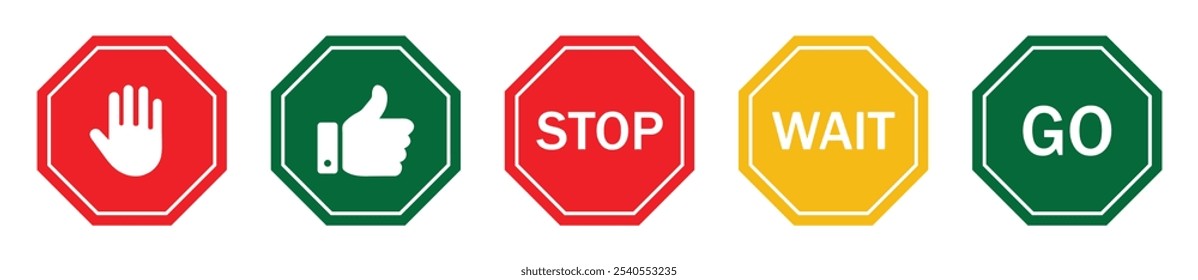 Stop, wait and go sign symbol set with red, yellow and green color isolated. Collection traffic signs symbol. Sign stop, go and wait isolated set. Vector illustration.