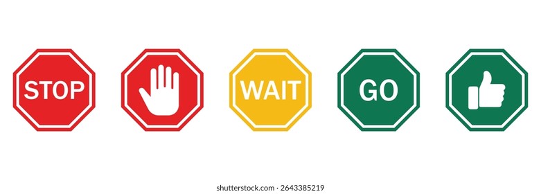 Stop, Wait, and Go Traffic Sign Set – Realistic Red, Yellow, Green Road Safety Symbols on Poles