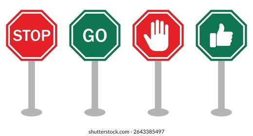 Stop, Wait, and Go Traffic Sign Set – Realistic Red, Yellow, Green Road Safety Symbols on Poles