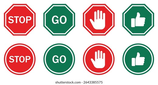 Conjunto de señales de tráfico Stop, Wait and Go: símbolos realistas de seguridad vial rojos, amarillos y verdes en los postes