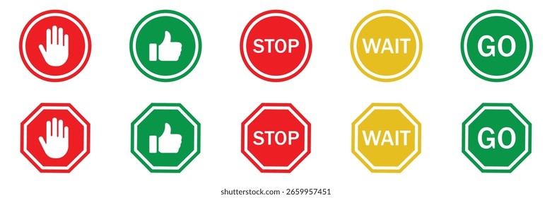 Conjunto de iconos de señal de tráfico Stop, Wait and Go: símbolos de Botón rojo, amarillo y verde para seguridad y control vial	