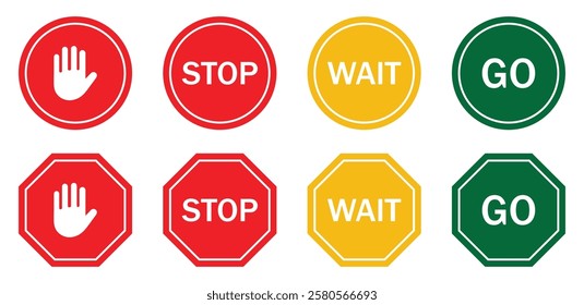 Stop, wait and Go vector symbols, forbidden and alert icon set road safety sign board symbols . Stop sign red color isolated. Vector stop.