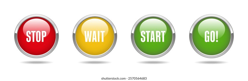 Stop, wait, start, go button icon set. Red, yellow, green, glossy buttons with chrome metal borders. Vector illustration isolated on white background.