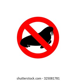 Stop  walrus. Seal is prohibited. Frozen Arctic animal swimming cat silhouette. Emblem of big scary beast. Red forbidding character. Ban animals with fangs