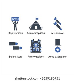 Pare a guerra, acampamento do exército, míssil, balas, colete do exército, distintivo do exército, ícone