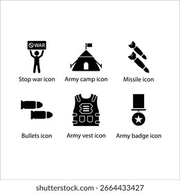 Stop war, Army camp, Missile, Bullets, Army vest, Army badge, icon
