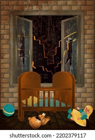 Stop War background. Baby crib with a toys. vector illustration