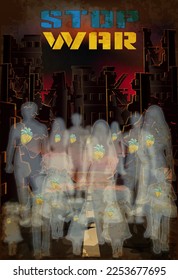 Stop War background, ghost people with ukrainians hearts. vector illustration