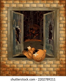 Stop War Background, Kids Teddy Bear Lies On A Broken Window,  Vector Illustration