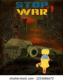 Stop War background, tank shoots at a Ukrainian girl. vector illustration