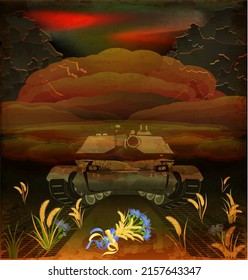Paren el fondo de la guerra, el ramo amarillo-azul detiene un tanque militar. ilustración vectorial	