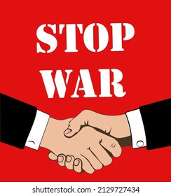 Stop war baner illustration with handshake hands on red color background. 