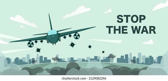 Stop the war banner. Bomber plane or combat fighter launched a homing missile and explosion hit a target. Conflict, war. Aerospace forces, air attack, military crisis. Global crisis. Military aviation