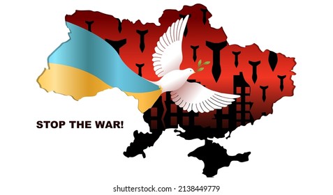 Detengan la guerra. Cartel con una paloma de paz con la bandera ucraniana contra el fondo de las ruinas y los cohetes