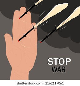 Hör auf mit dem Kriegsbanner. Hand erhoben aus Protest, stoppt fliegende Raketen. Militärischer Hintergrund mit Flugkörpern und schwarzem Rauch. Silhouette der Marschflugkörper, Symbol für Angriff, Bombardierung, Krieg. Vektorgrafik