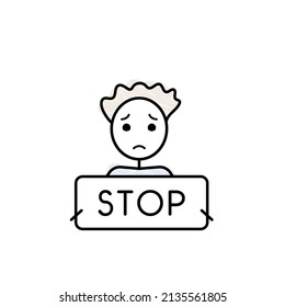 Stop the war banner, sad boy character holds a placard vector stock illustration