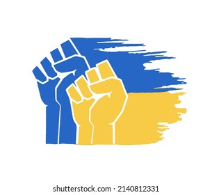 Stop war between Russia and Ukraine. Human fist graphics on Ukraine flag background. Concept of resistance. Creative concept. Solidarity with Ukraine. Pray for Ukraine.