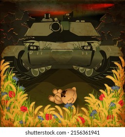 Tarjeta Stop War, pequeño osito de peluche detiene un tanque militar, ilustración vectorial
