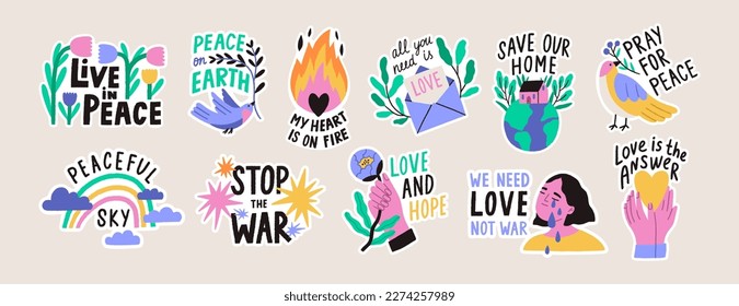 Stop war concept illustration with birds, flowers, hearts, and women. Colorful vector stickers with hand-drawn lettering about love, hope, kindness, support, and peace. 
Unique vector design elements.