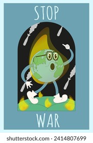 Stop war concept with planet in trendy Rubber Hose style. Retro Groovy design save planet concept. Vector illustration for web and social media poster. EPS 10 editable stroke