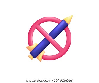 Concepto de detener la guerra. Negación a la guerra. Prohibición de disparar misiles. Ilustración del símbolo de prohibición con cohete o misil. Símbolo o ícono. Diseño minimalista de estilo 3D. Elementos de activos de diseño