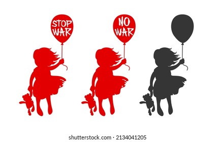 Stop the WAR concept. Silhouette of a young refugee girl with a balloon in her hands with NO WAR inscription. Isolated vector illustration.  Poor child. Lonely girl kid silhouette. Peaceful protest