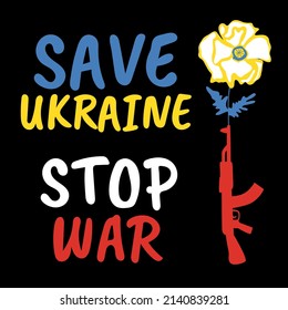 Parar el concepto de guerra con flor de camisas blancas en el silenciador de armas automáticas, salvar el texto de guerra de ucrania stop, banner con ametralladora y símbolo de paz ilustración vectorial