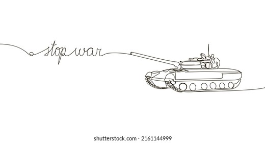Detener el dibujo continuo de la guerra. Una línea de letras escritas a mano en inglés con deseos de paz, y militares, tanques, vehículos blindados de transporte de tropas, vehículos de combate de infantería.