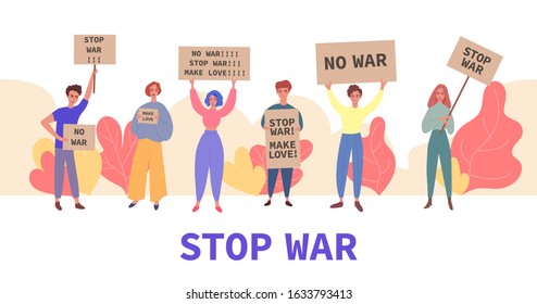 Stop war demonstration banner - young cartoon people holding protest signs