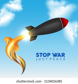 Stop war designs with missile bomb isolated on blue sky background.
