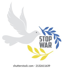 Stop war. Dove bird with olive branch.