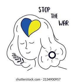 Stop the war. Girl against war with Ukraine. Line woman call for peace. Flag of ukraine in heart. World people fight for love, peace. Stop conflict call. Doodle and hand drawn art. Vector illustration