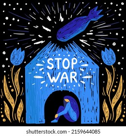 Stop the war, illustration of bombing, explosion, Ukraine, scared people, devastation.